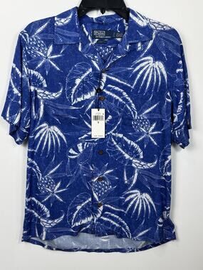 Polo by Ralph Lauren Aloha Mens Small Blue Hawaiian Button Shirt Pineapples Palm